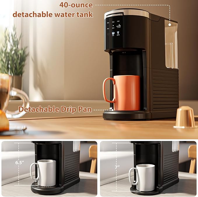 WAA Single Serve Coffee Maker 2 in 1 Coffee Machine for Capsule &amp Ground Coffee 6 to 14oz Brew Size 40oz Removable Reservoir Coffee Brewer with Auto Shut-off Self-Cleaning Memory Function B
