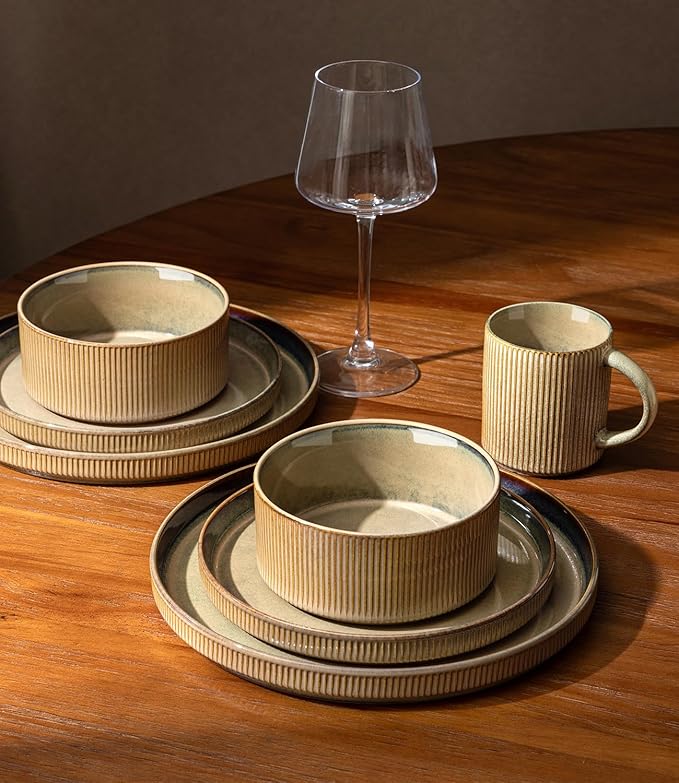 GBHOME Stoneware Dinnerware Sets for 4 12 Pieces Ceramic Ribbed Plates and Bowls Set Reactive Glaze Stackable Plate Sets Scratch Resistant Dishes Microwave &amp Dishwasher Safe Linen