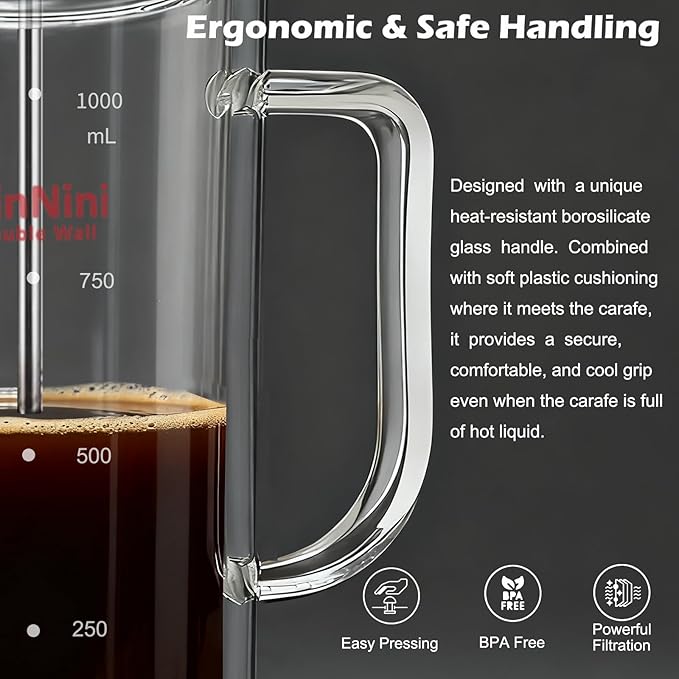 34-Ounce plastic free French Press Coffee Maker Double Wall Glass coffee press Stainless Steel Filter and Shaft Bamboo Knob and Lid Heat-Resistant tea french press no plastic large tea maker