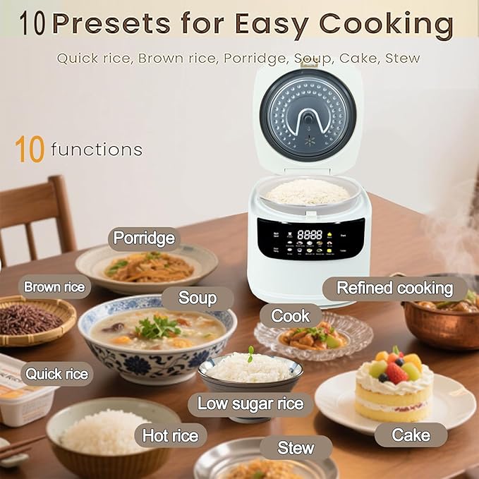 Portable 2L Mini Ceramics Rice Cooker6 Cups Cooked/3 Cups Uncooked400W Non-Stick Rice Maker24 hours Timer Delay10 FunctionsFast CookerAuto Keep WarmWhite