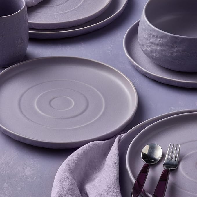 Stone by Mercer Project SHOSAI 32-Piece Stoneware Dinnerware Set Plates and Bowls Set Modern Dishware set fo 8 Lavender