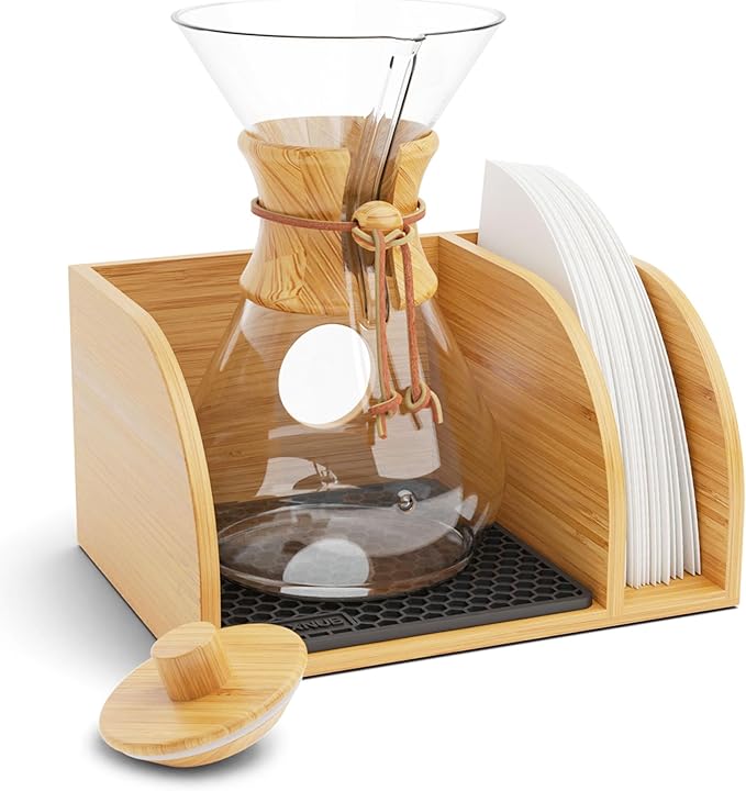 HEXNUB Caddy and Lid for Pour Over Coffee Maker Bamboo Stand fits Chemex Bodum Cosori Coffee Carafes Heatproof Mat Filter Holder - Black Mat