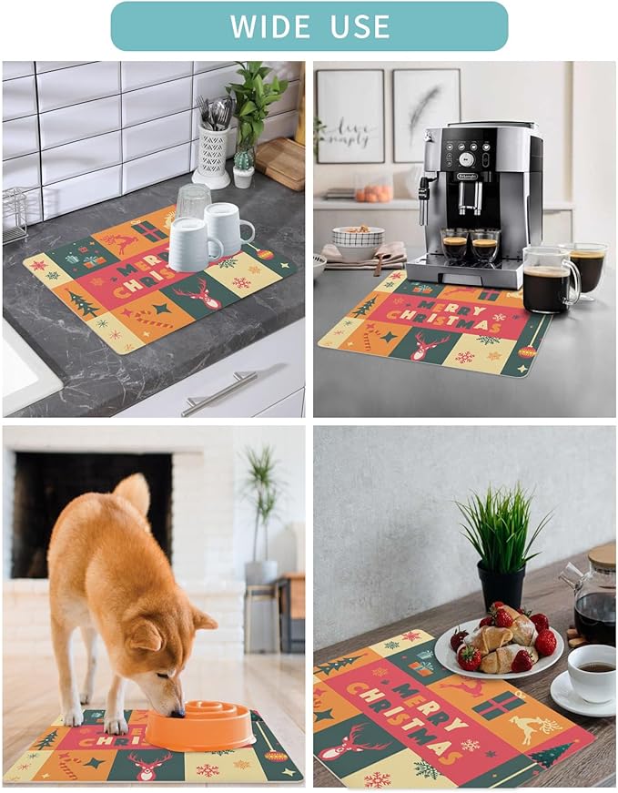 Coffee Mat Coffee Bar Mat for Countertops Merry Christmas Xmas Tree Ball Elk Snowflake Gifts Absorbent Coffee Maker Mat Rubber Backed Dish Drying Mat for Coffee Espresso Machine Coffee Maker 12x20