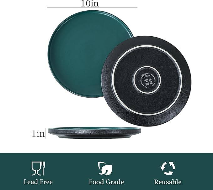 Ceramic Dinner Plates 10.25 Inch Flat Dish Set for 4 Perfect for Family and Entertaining Microwave &amp Dishwasher Safe Dinner Dishes for Steak Sandwiches Pizza Pasta Modern Green