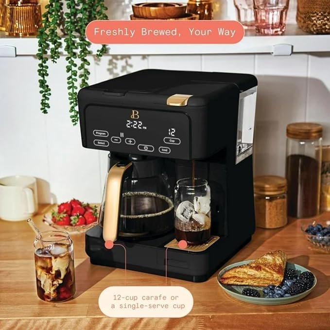 Multi-Brew Coffee Maker 12-Cup Carafe + Single-Serve Pods or Grounds Over Ice Touch Display by Drew Barrymoree. (Black Sesame)