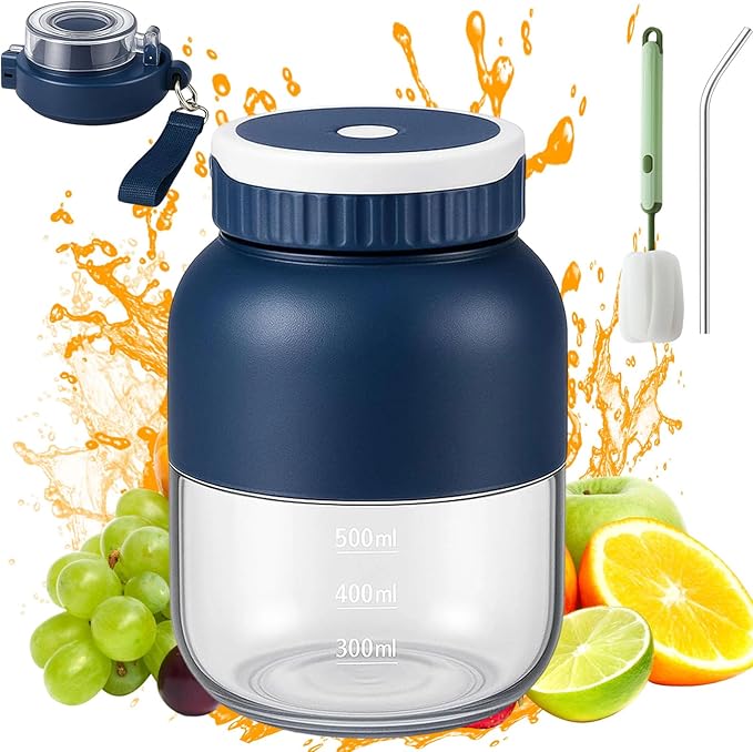 Blender Mini Japan 28fl Oz Protable Hand Blender with Straw and Two Lids Personal Size Juicer Blender for Smoothies Fruit Quick Juicing Easy to Use (Blue)