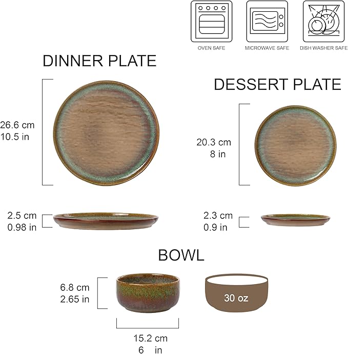 Joseph Sedgh Collection “Alyssa” 12-Piece Stoneware Dinnerware Set with Reactive Glaze Finish Service for 4 Brown Reactive Glaze