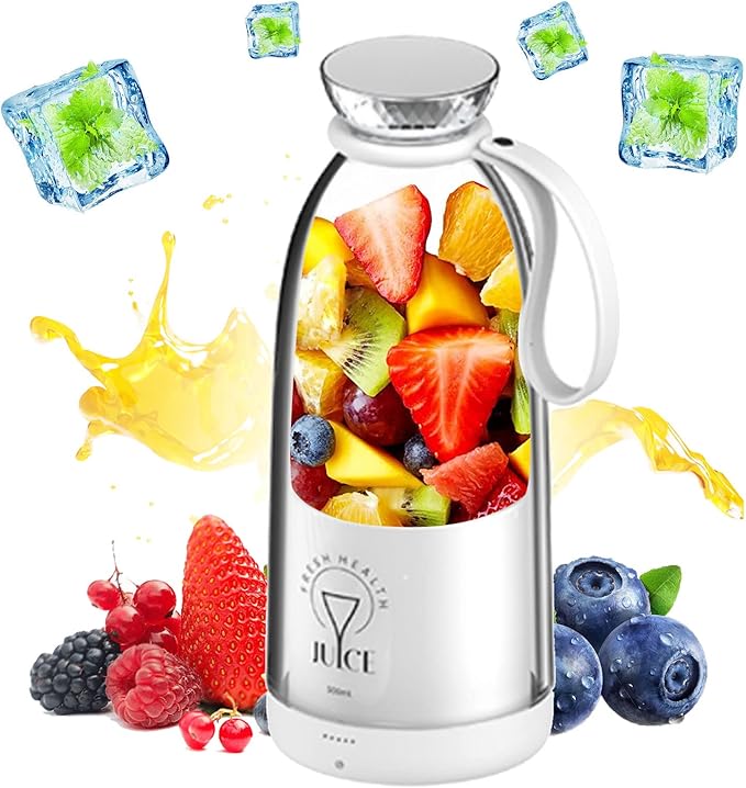 Portable Blender 500ML Personal Blender for Shakes and Smoothies Personal Size Blender Traveling Fruit Veggie Juicer Cup USB Rechargeable with Six Blades for Sports Travel and Outdoors (white)