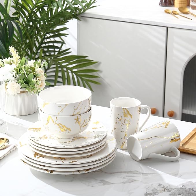Modern Porcelain 16 Piece White Dinnerware SetPlates and Bowls SetsGold Dish Set for 4White Dinnerware SetDinner Sets with Dinner Plates.