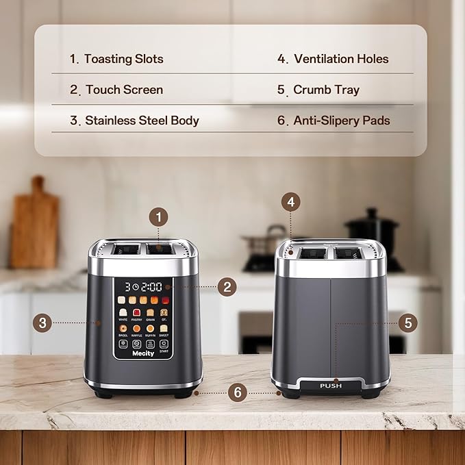 Mecity 2 Slice Toaster with Touch Screen &amp Auto Lift Stainless Steel Cool-Touch Toaster with 8 Bread Settings 5 Shade Levels 1200W High Power Keep Warm &amp Reheat Function Metallic Grey 12