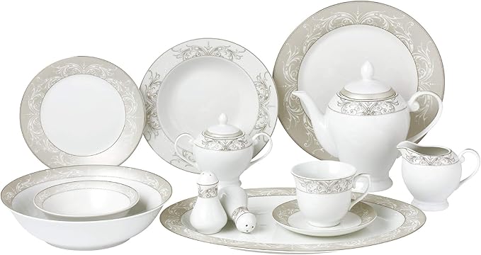 57Piece Silver Border Porcelain Dinnerware Set-Service For 8-Olympia-Mix &amp Match