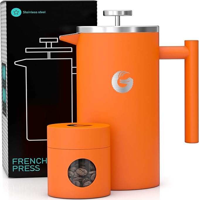 Coffee Gator French Press Coffee Maker 34oz Double Insulated Stainless Steel Orange and Black