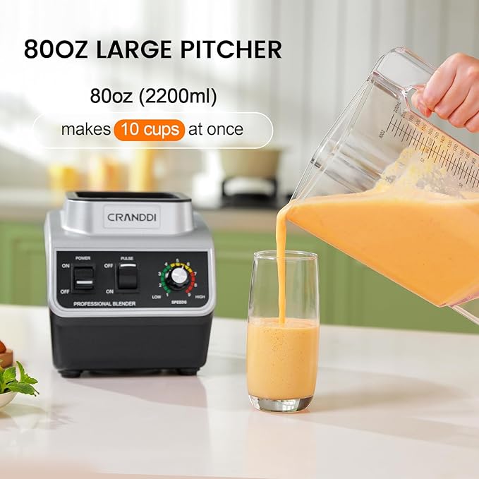 CRANDDI Professional Smoothie Blender 80oz Countertop Blenders for Smoothies Shakes &amp Ice Crushing 1500W Compact Commercial Kitchen Blender with Stainless Steel Blade 120V K96