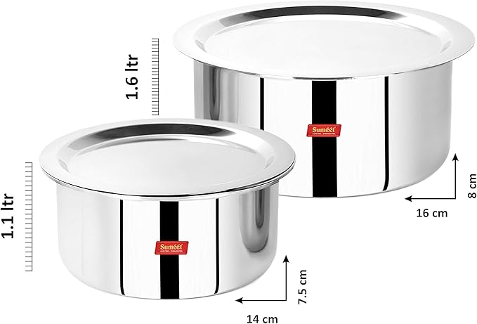 Sumeet Cook Smart TriPly SAS (Steel-Aluminium-Steel - 3 Layers) Tope Set of 2Pcs with Lid - No. 14 (1.1 LTR 14Cm) No. 16 (1.6Ltr 16Cm)
