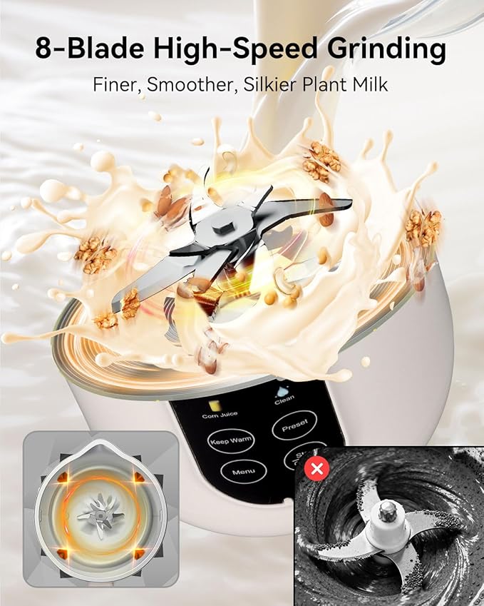 IAGREEA 10-in-1 Nut Milk Maker Machine 304 Stainless Steel Lid BPA Free 35oz Soy Milk Maker for Homemade Milkshake/Nut/Oat/Plant-Based Drink 10 Blades Blenders with Delay Start/Boil Water/Self Clean