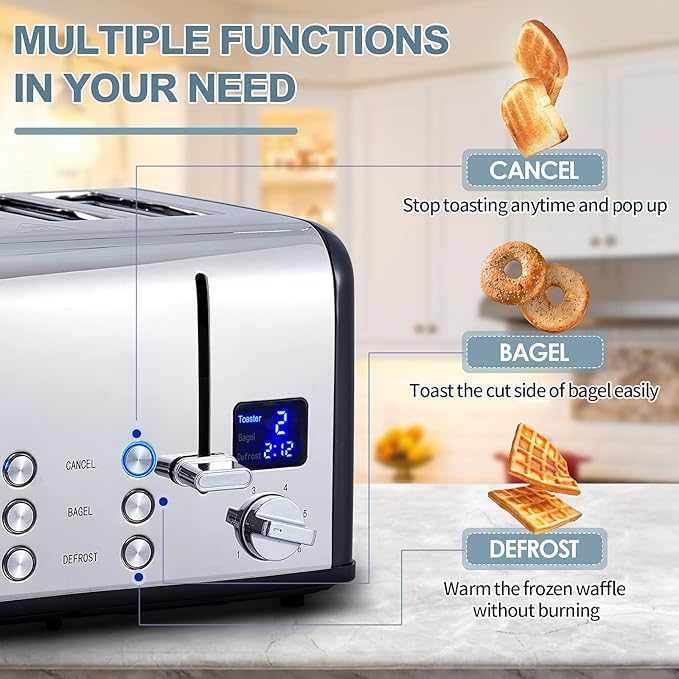 CUSIMAX 4 Slice Toaster Ultra-Clear LED Display &amp Extra Wide Slots Stainless Steel Toaster with Dual Control Panels of 6 Shade Settings Cancel/Bagel/Defrost Function Removable Crumb Trays Bla