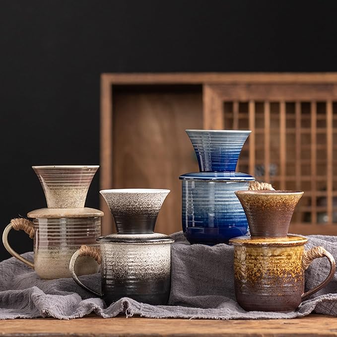 Pour Over Coffee Maker Vintage Ceramic Coffee Maker Set for Home Café Restaurant Camping Large Coffee Mug(Blue)