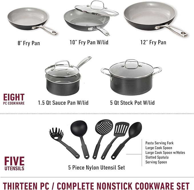 Granitestone Pro 13pcs Pots and Pans Set Non Stick Ceramic Cookware Set with 5 Utensils Premium Chef Quality Hard Anodized Exterior with Diamond and Mineral Coating Oven and Dishwasher Safe