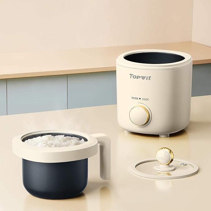 TOPWIT Rice Cooker Small Mini Rice Cooker 2 Cups Uncooked 1.2L Portable Rice Maker with Non-stick Coating BPA Free One Touch &amp Keep Warm Function Beige