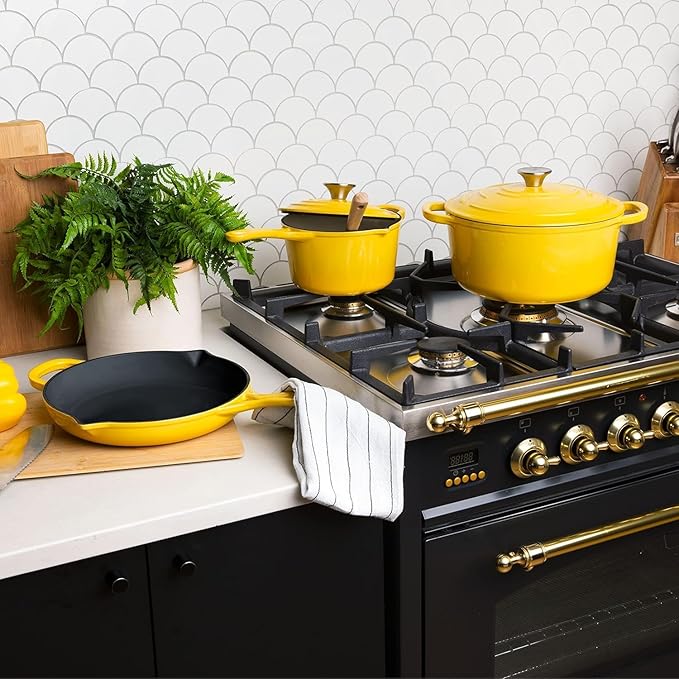 Larder &amp Vine 21 Piece Cookware Set (Limoncello) | Dutch Oven Utensil Set Saucepan Skillet and Trivets