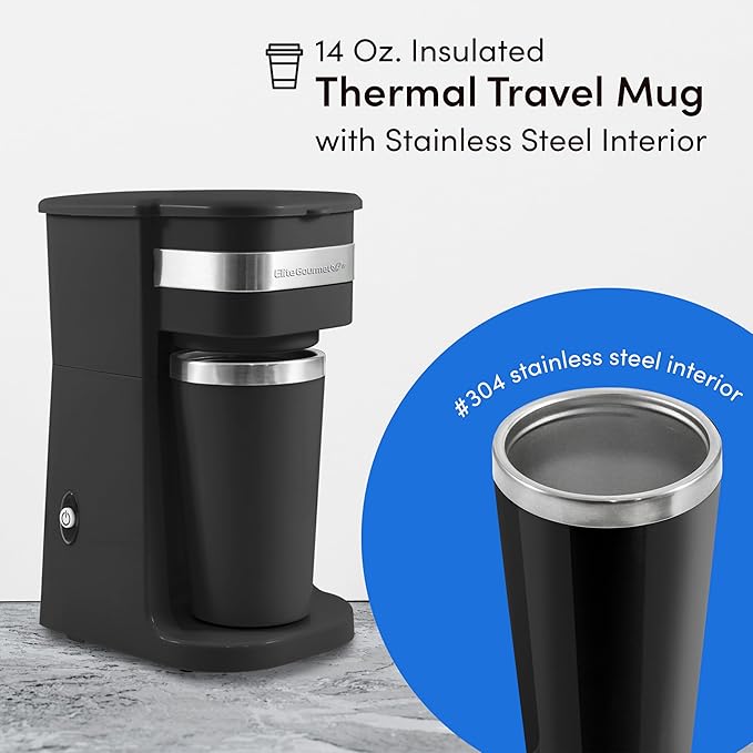 Elite Gourmet EHC113 Personal Single-Serve Compact Coffee Maker Brewer Includes 14Oz. Stainless Steel Interior Thermal Travel Mug Compatible with Coffee Grounds Reusable Filter Black