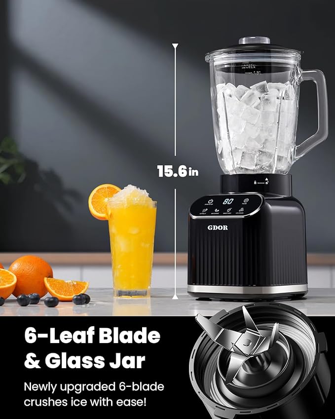 GDOR Professional Blender for Kitchen 1200 Peak Watts Smoothie Blender 5 Functions for Ice Crushing &amp Frozen Fruit 52 Oz Glass Jar &amp 24 Oz To-Go Cup Combo Self-Cleaning Black