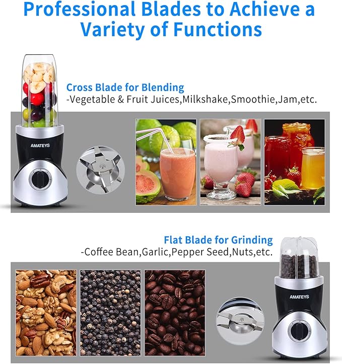 Personal Blender for Shakes and SmoothiesProfessional Kitchenblender with Blending &amp Grinding Blades Portable Coffee Grinder with 24/10 OZ Travel Bottles Adjustable Speeds Juice Blender