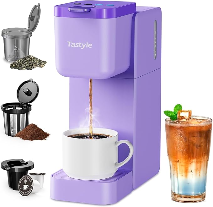 Single Serve Coffee Maker for K Cup Ground and Tea Hot and Iced Coffee Machines with Bold Setting 6 to 16 Oz Brew Sizes Compact for Small Spaces Purple (2.0 Version)