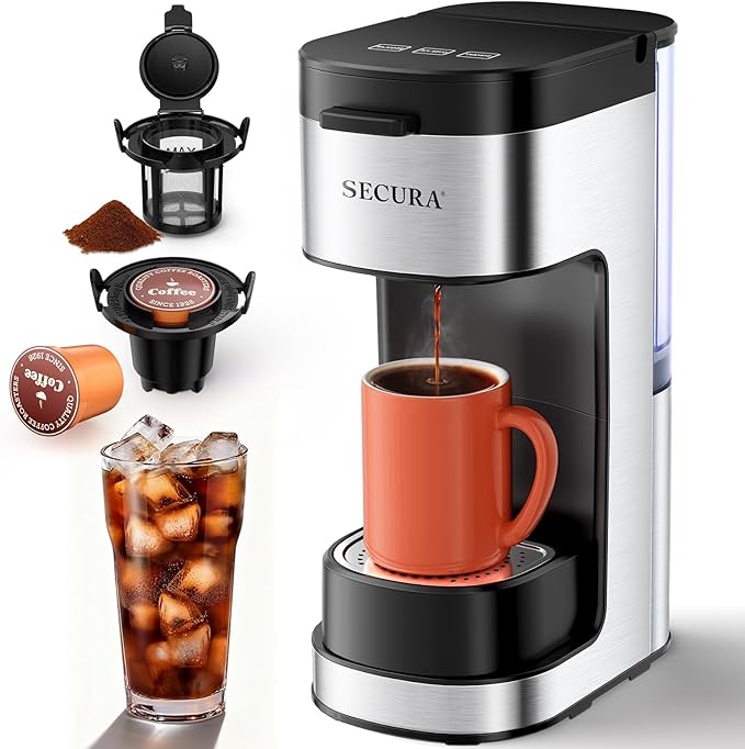 Secura Single Serve Coffee Maker K Cup and Ground 2-In-1 Coffee Maker with 3 Brew Modes Removable Reservoir &amp Drip Tray 6 to 12 Oz Brew Sizes