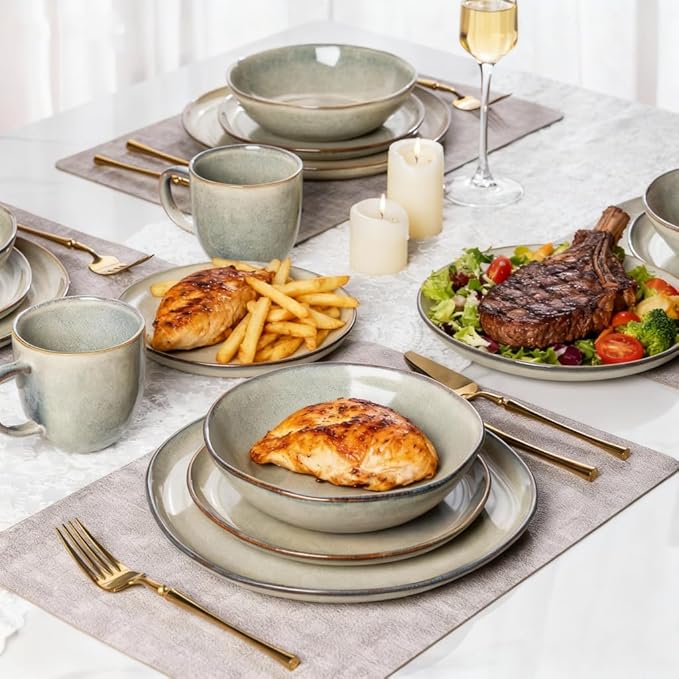 AmorArc Ceramic Dinnerware SetsHandmade Reactive Glaze Stoneware Plates and Bowls SetsHighly Scratch Resistant | Dishwasher &amp Microwave Safe Dishes SetService for 8 (24pc)