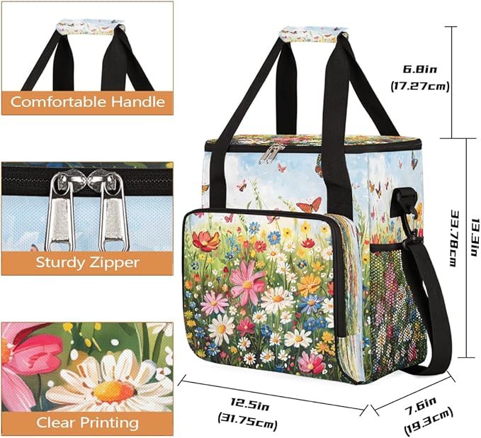 Flower Butterfly Oil Painting Coffee Maker Carring Bag Travel Carrying Storage Tote Bag Compatible with Keurig K-Mini or K-Mini Plus Portable Single Serve Coffee Brewer Case with Pockets
