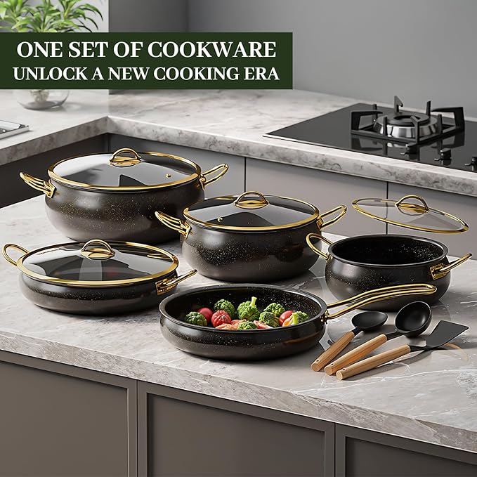 Fully Clad 5-Ply Stainless Steel Cookware Set 12Pcs Nonstick Pots and Pans Set with Stay-Cool Handles Induction Compatible Stackble Design Includes with Frying Pan Saucepans and Saute Pan (Black)