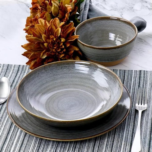 12 Piece Earthenware Dinnerware Set – Reactive Glaze Plates and Bowls with Raw Textured Base Round Ceramic Design Microwave &amp Dishwasher Safe Service for 4 (Gray)