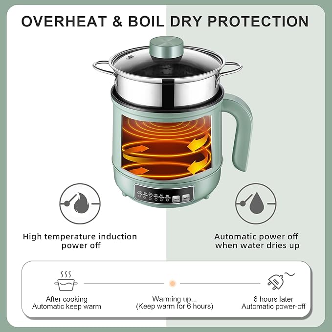 Smart Mini Hot Pot with Timer and Automatic Shut Off 1.2L Non-Stick Rapid Noodle Cooker w Stainless Steel Steamer Basket 600W Quick Cook 5 Cooking Modes for Soup Rice (1cup)  Porridge Pasta Great f