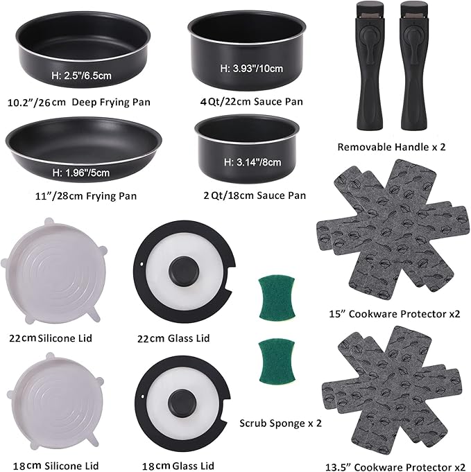 16 Pieces Kitchen Removable Handle Cookware Sets Stackable Pots and Pans Set Nonstick for Induction Gas RVs Camping Space Saving