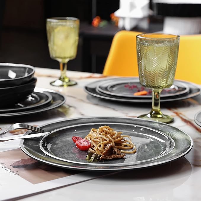 Melamine Dinnerware Sets- 12pcs Melamine Plates and Bowls Set for 4 Suitable for Indoor and Outdoor Use Black