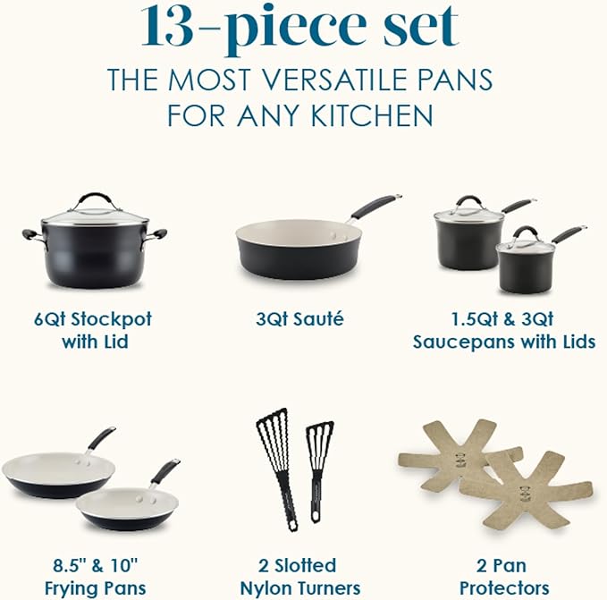 Rachael Ray Cucina Ceramic Cookware Set - 13 Pieces - Ceramic Pots and Pans Set w/Nonstick Frying Pans Saute Pan Saucepans Stockpot Lids Pan Protectors &amp Cooking Utensils - Peppercorn