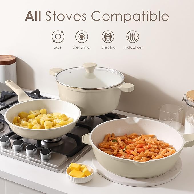 SENSARTE Nonstick Ceramic Cookware Set Large-Size 13-Piece Healthy Pots and Pans Set Non-toxic Kitchen Cooking Set with Stay-Cool Handles PFAS and PFOA Free Cream White