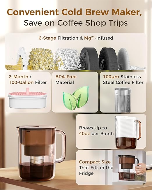 Waterdrop Cold Brew Coffee Maker with 1 Magnesium Water Filter for Well-Balanced Acidity Unlocks Aroma BPA-Free Cold Brew Pitcher Stainless Steel Filter for Iced Coffee Tea Lemonade Brown