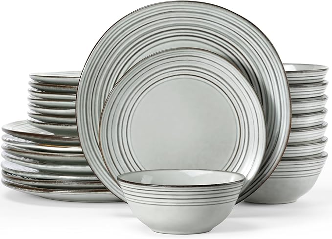 Famiware Plates and Bowls Sets 24-Piece Stoneware Dinnerware Sets Dishes Set for 8 Hand-made Reactive Glaze Dish Set Twilight Series Ashy Blue