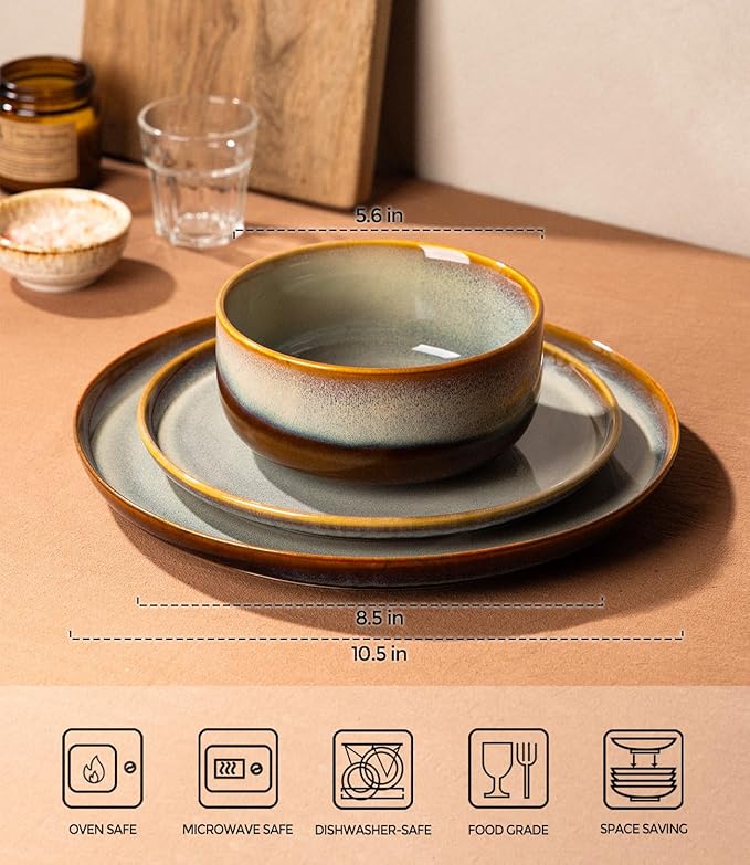 TheTerra Ceramic Dinnerware Sets for 4 12 Pieces Handmade Reactive Glaze Plates and Bowls Set Scratch Resistant Dish Set Oven &amp Microwave &amp Dishwasher Safe Dusk Blue