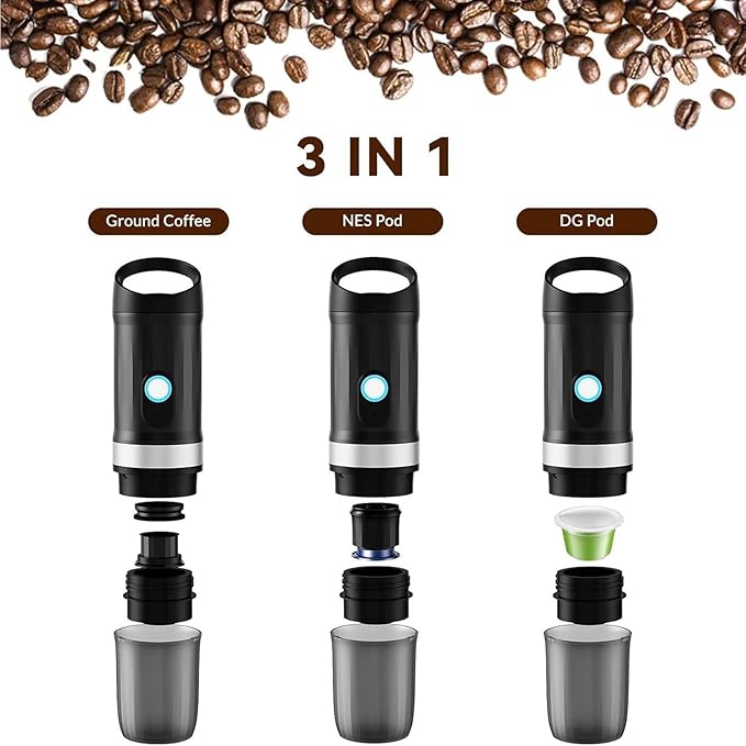 Portable Espressoes Machine 3 in 1 Coffee Maker Fast Self Heating 20 Bar 9600mAh Rechargeable Electric Coffee Machine for Camping Travel Office (Black)