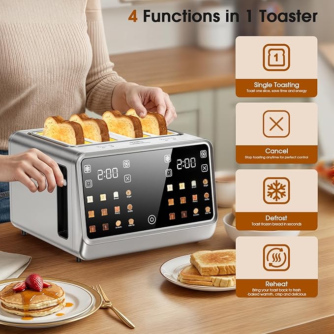 Smart Toaster 4 Slice Wide Slot– Dual Digital TouchScreen &amp Independent Control for Family | 1800W Stainless Steel for 5 Bread Types &amp 6 Toast Settings | Defrost Reheat &amp Single-Slice Mode