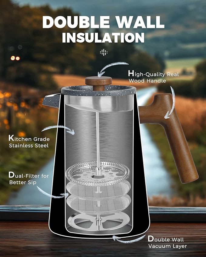 POLIVIAR French Press Coffee Maker 34 oz Coffee Press with Real Wood Handle Double Wall Insulation &amp Dual-Filter Screen Food Grade Stainless Steel for Good Coffe and Tea JX2025-XFPG