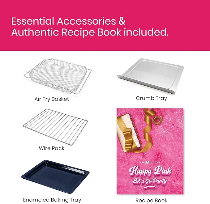 VAL CUCINA Limited Edition Happy Pink Infrared Heating Air Fryer Toaster Oven Extra Large Countertop Convection Oven 10-in-1 Combo 6-Slice Toast Enamel Baking Pan Easy Clean with Recipe Book