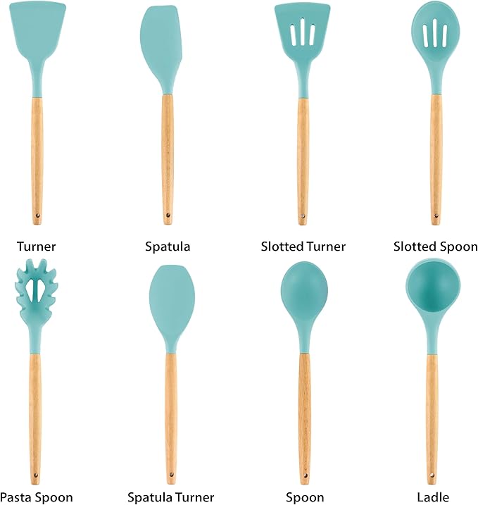 Megachef Tool Cookware Utensil Set with Ceramic Holder 9 Piece Light Teal and Wood Texture
