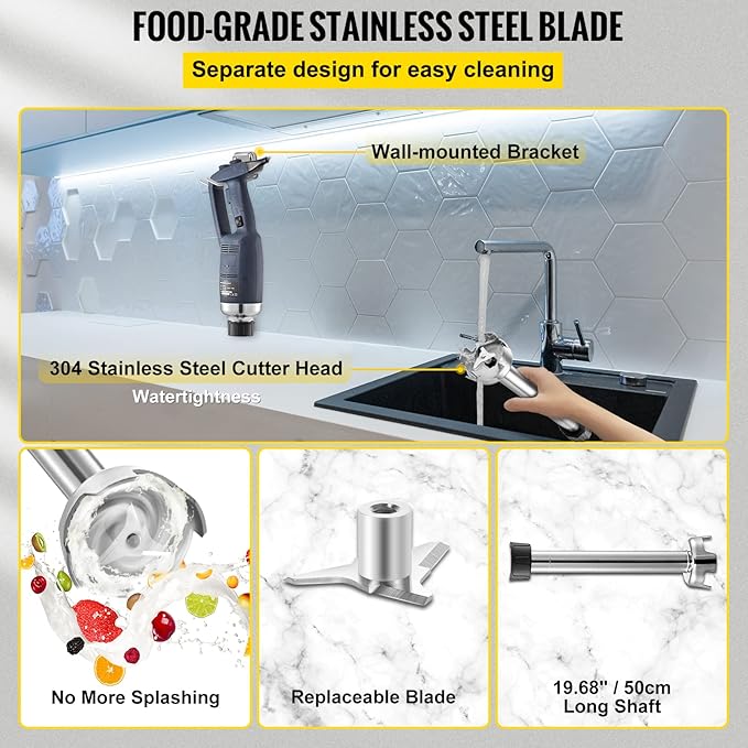 VBENLEM Commercial Immersion Blender 500W Power Hand Held Mixer with 19.7-Inch 304 Stainless Steel Removable Shaft Electric Stick Blender Variable Speed 4000-16000RPM