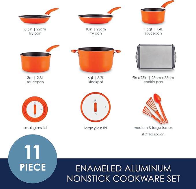 Rachael Ray Cook + Create Nonstick Pots and Pans Set with Universal Space-Saving Lids Baking Pan/Cookie Sheet and Kitchen Cooking Tools Cookware Set 11 Piece - Orange