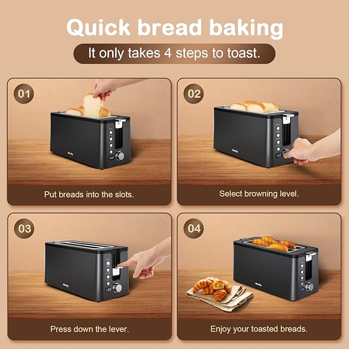 Mecity 4 Slice Toaster Long Slot Toaster with Timer Bagel Defrost Reheat Cancel Functions Warming Rack Removable Tray 6 Browning Settings Extra Wide Slots Stainless Steel 1300W