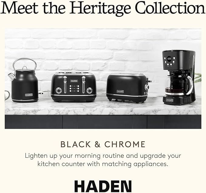 Haden Heritage 2 Slice Wide Slot Stainless Steel Toaster with Adjustable Browning Control &amp Non-Slip Feet Black &amp Chrome